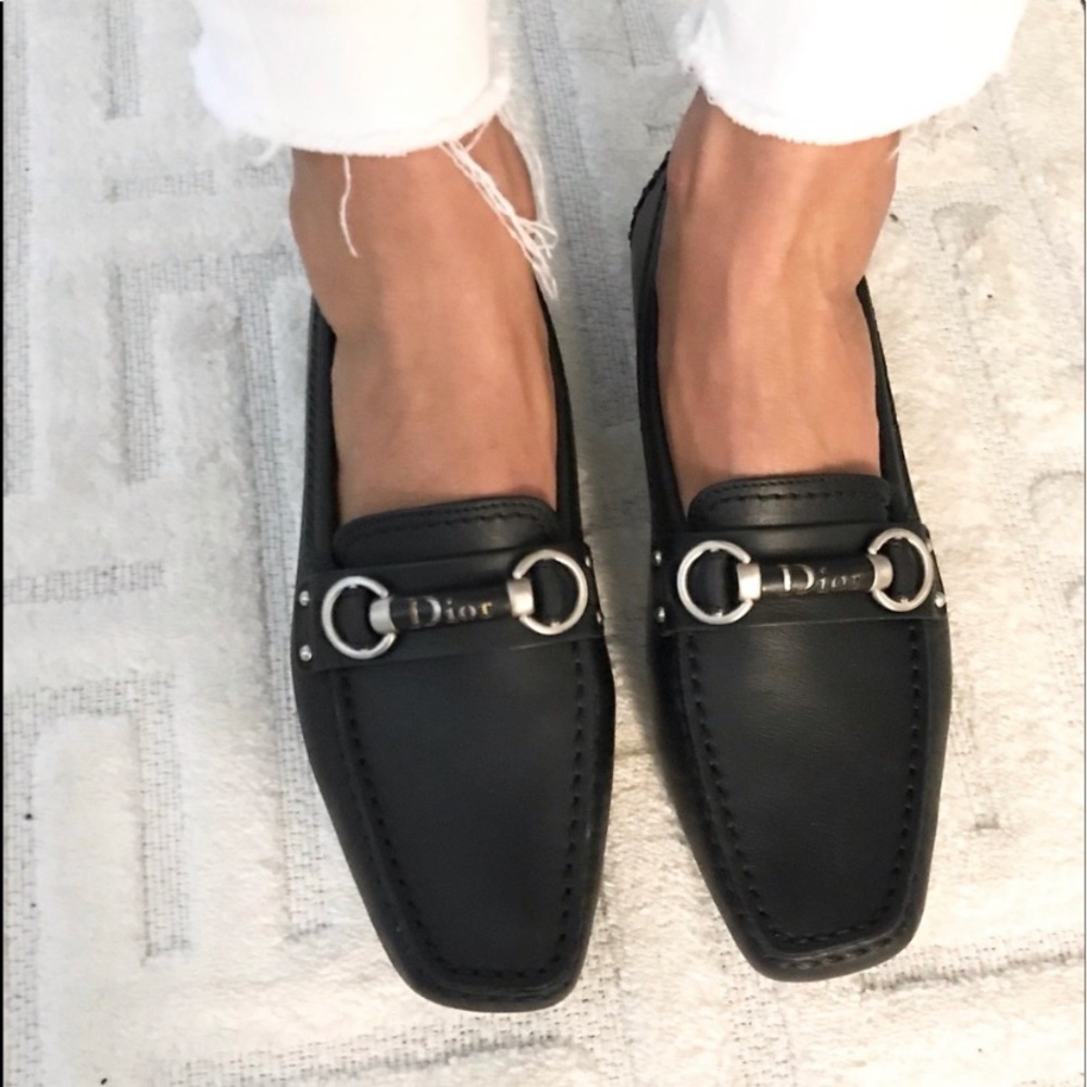 Christian DIOR black metal bar logo  loafers 36